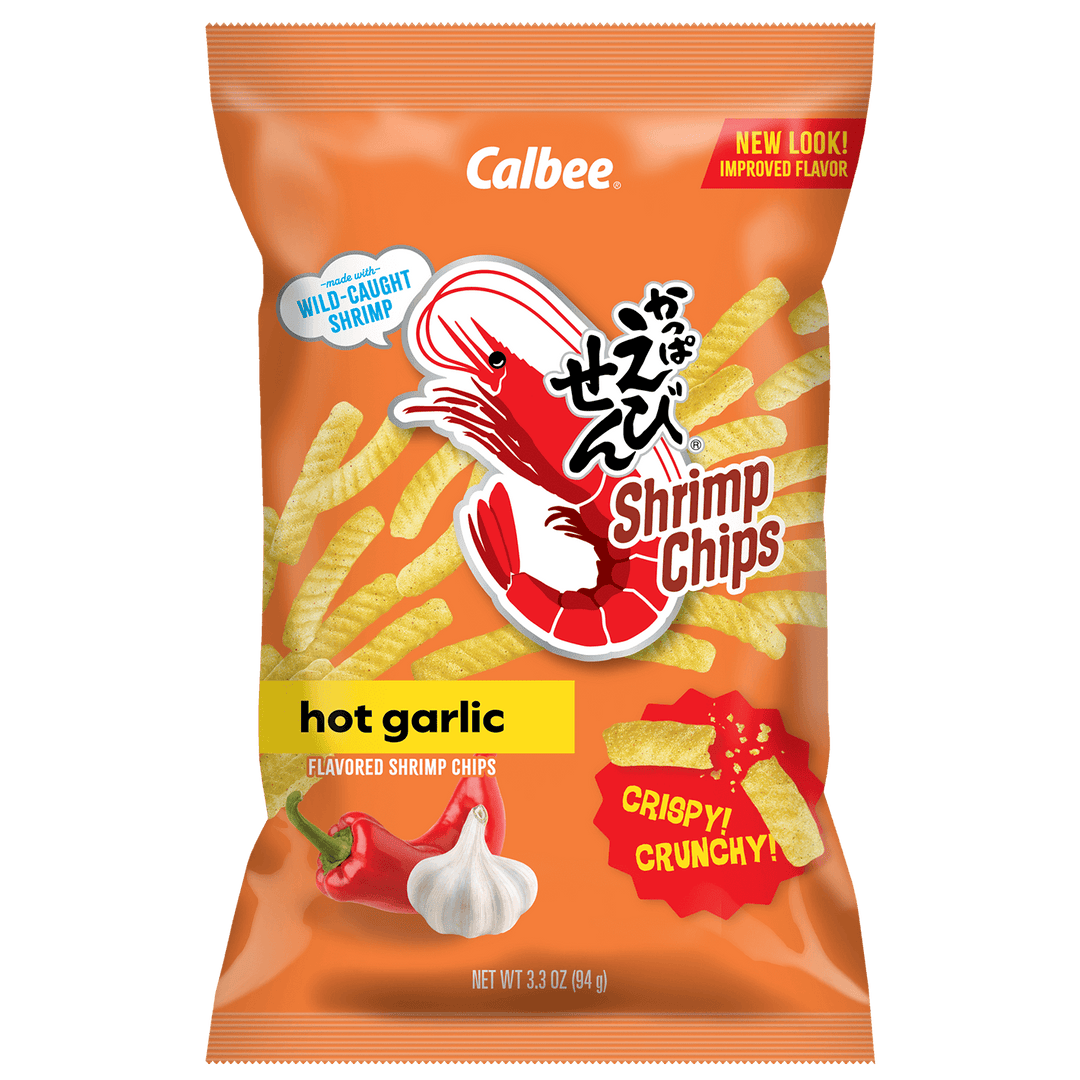 Calbee Shrimp Chips Hot & Spicy 4 oz. packaging with shrimp and garlic graphics on an orange background