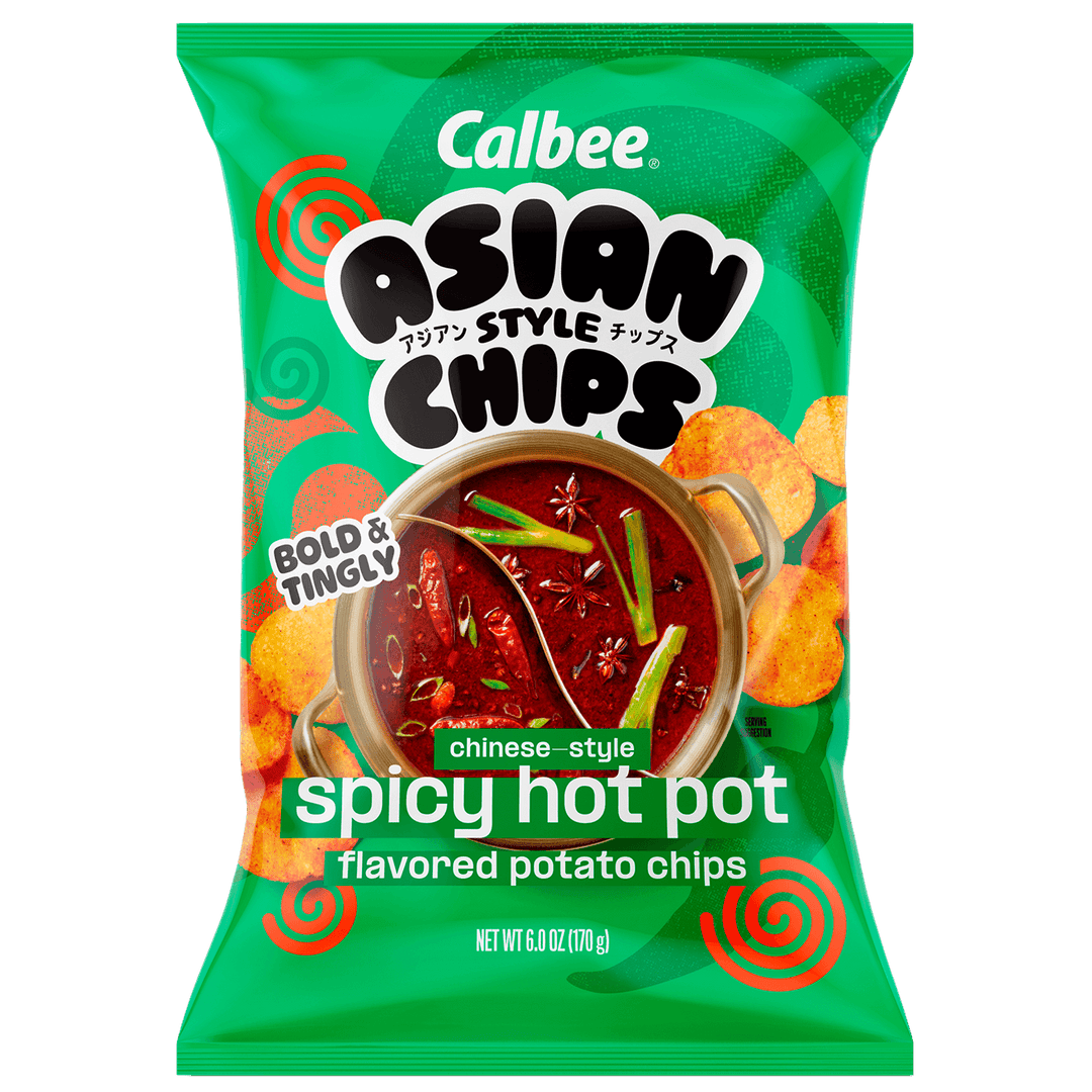 Calbee Asian Style Chips Chinese Style Hot Pot 6 oz. packaging with spicy hot pot flavor on a green background