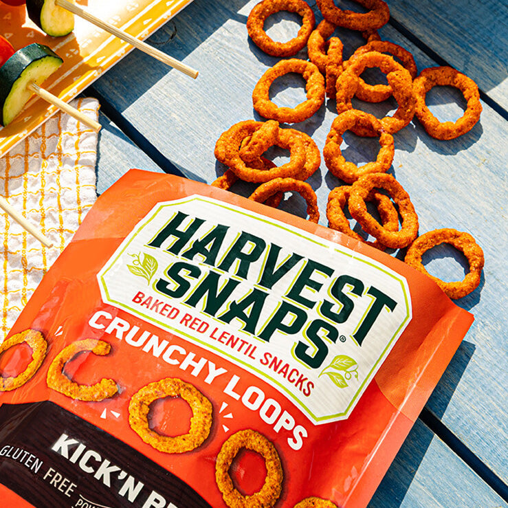 Harvest Snaps Crunchy Loops bag, on a table