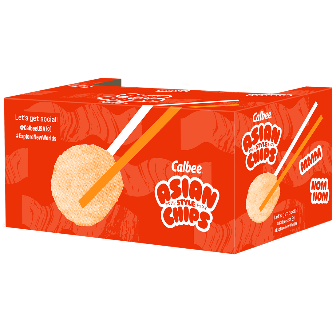 Calbee Asian Style Chips Thai-Style Yellow Curry variety retail box featuring multiple snack bags and bold authentic flavors branding