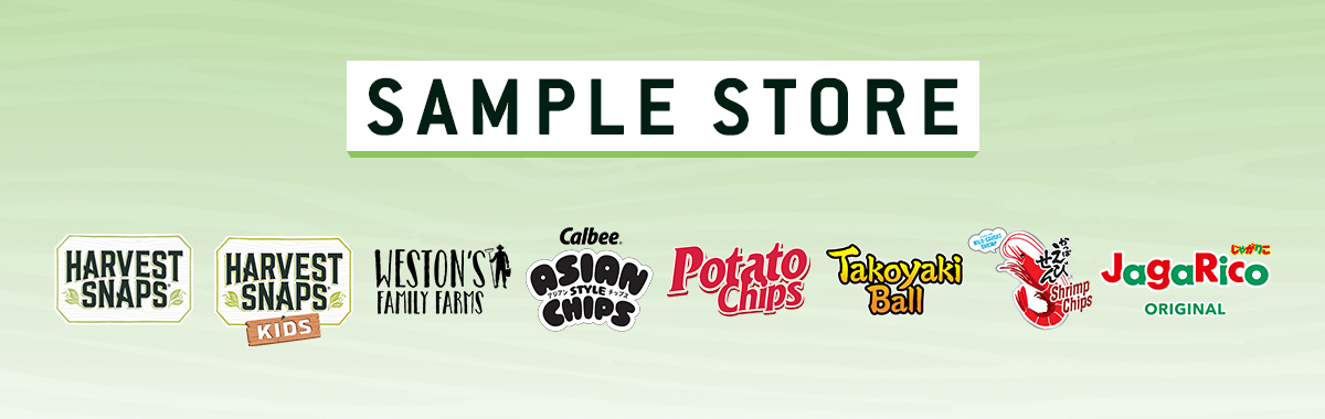 "Banner with 'Sample Store' and snack brand logos, including Harvest Snaps, Weston's, Calbee Asian Chips, Potato Chips, Takoyaki Ball, Shrimp Chips, and Jagarico, on a light green background."