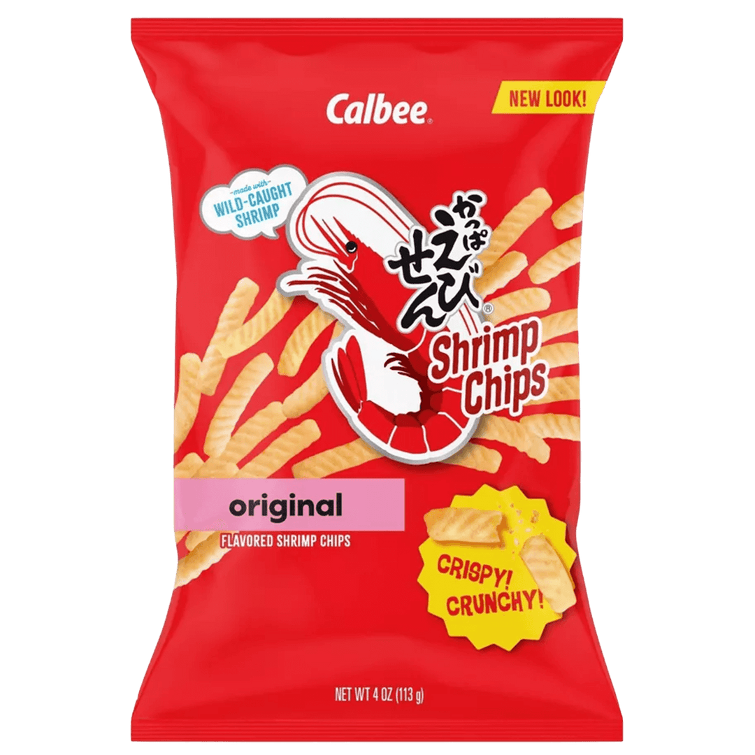 Calbee Shrimp Chips Original 4 oz. packaging with red background and shrimp illustration