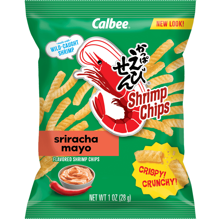 Package of Calbee Shrimp Chips, sriracha mayo flavor, featuring a stylized red shrimp. Text highlights "crispy, crunchy" and "wild-caught shrimp."