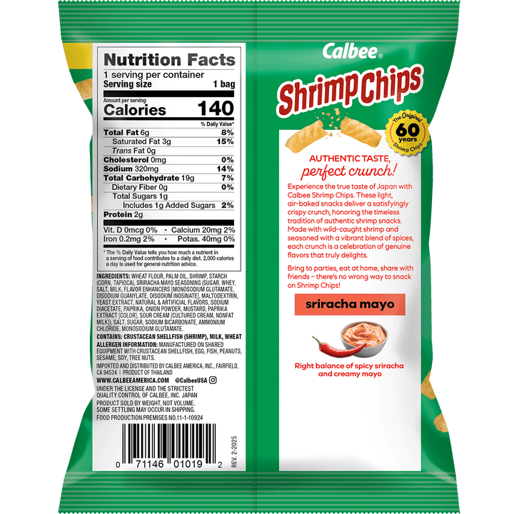 Green packaging of Calbee Shrimp Chips with nutritional info and product details. Features "sriracha mayo" flavor with an image of dipping sauce.