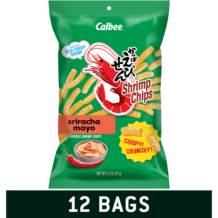 Calbee Sriracha Mayo Flavored Shrimp Chips in a green bag, shown against a black background with a dark green banner at the bottom reading '12 BAGS'.