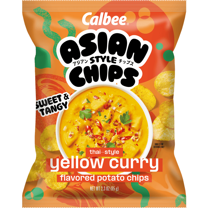 Calbee Asian Style Chips Thai-Style Yellow Curry flavored potato chips, 2.3 oz bag, front packaging
