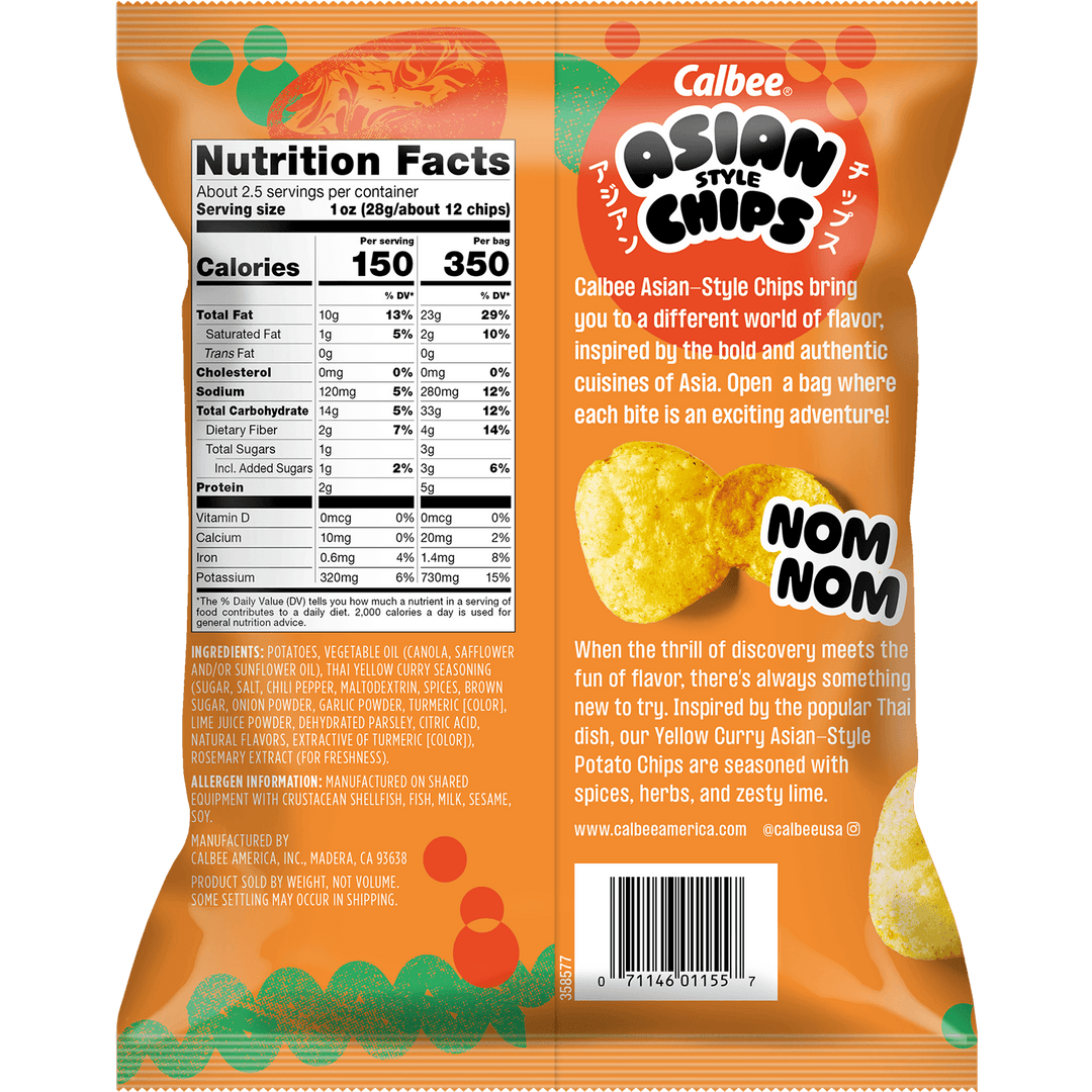 Calbee Asian Style Chips Thai-Style Yellow Curry flavored potato chips, 2.3 oz bag, back packaging with nutrition facts and product information