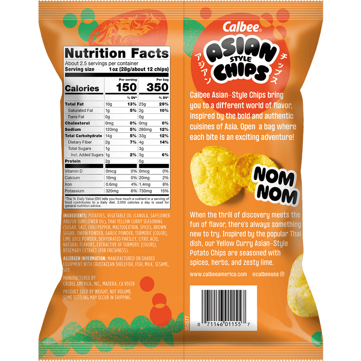 Calbee Asian Style Chips Thai-Style Yellow Curry flavored potato chips, 2.3 oz bag, back packaging with nutrition facts and product information