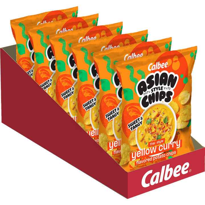 Calbee Asian Style Chips Thai-Style Yellow Curry flavored potato chips retail display tray with multiple 2.3 oz bags