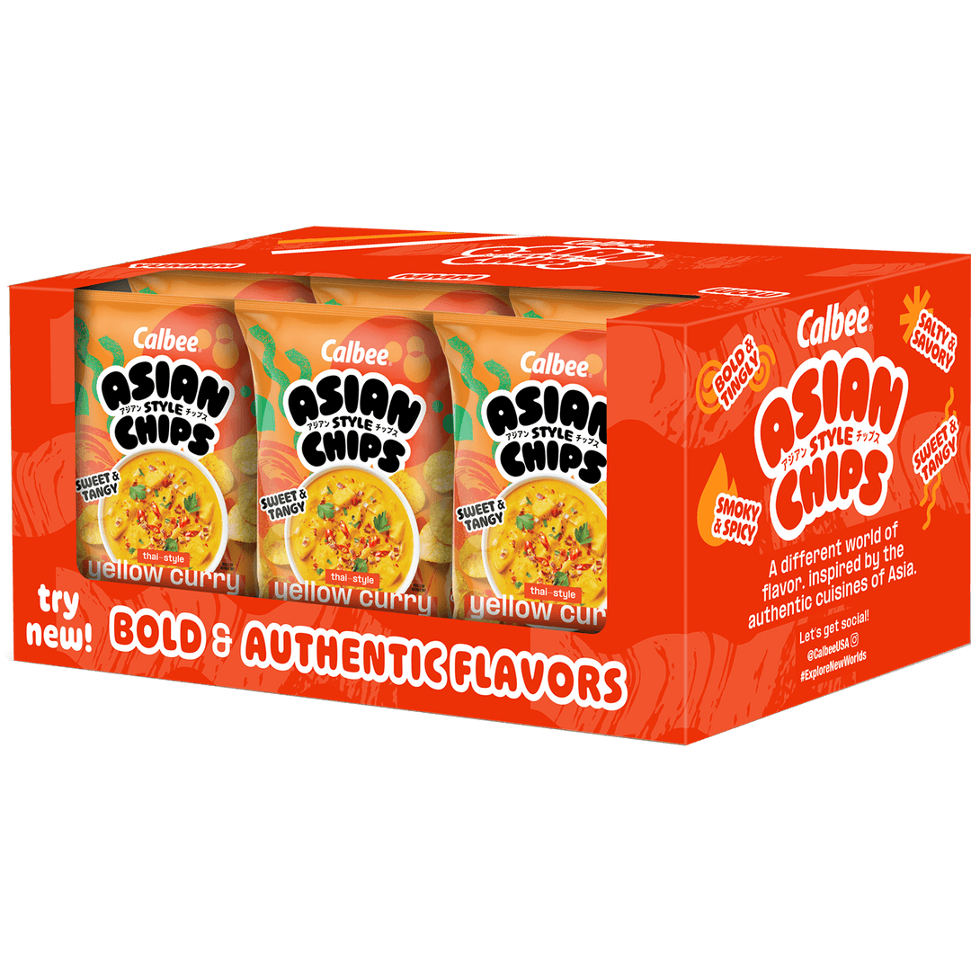 Calbee Asian Style Chips Thai-Style Yellow Curry 6 oz 12-count shipping case with branded orange packaging