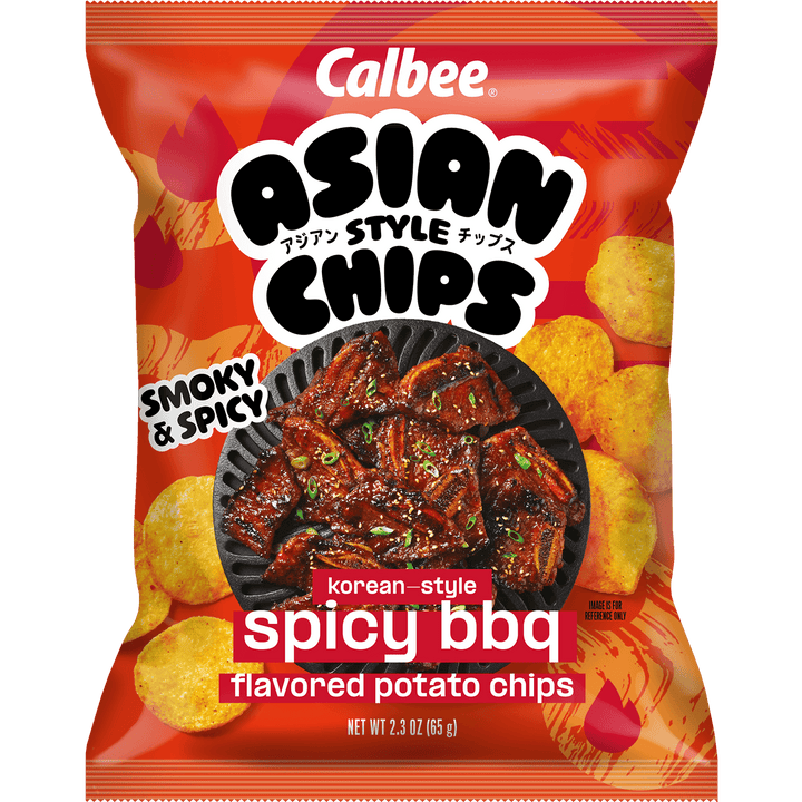 Calbee Asian Style Chips Korean-Style Spicy BBQ flavored potato chips, 2.3 oz bag, front packaging