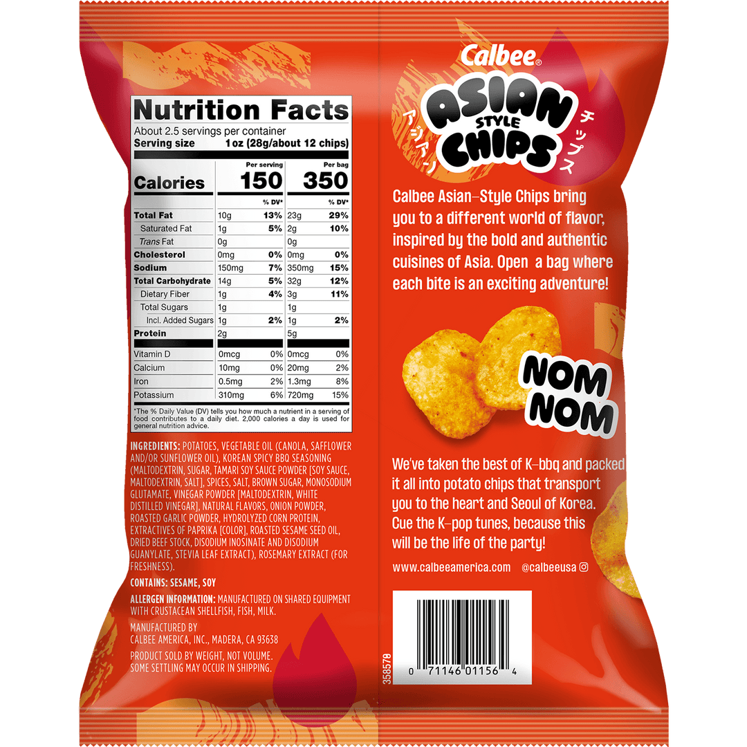 Calbee Asian Style Chips Korean-Style Spicy BBQ flavored potato chips, 2.3 oz bag, back packaging with nutrition facts and product information