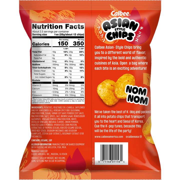 Calbee Asian Style Chips Korean-Style Spicy BBQ flavored potato chips, 2.3 oz bag, back packaging with nutrition facts and product information