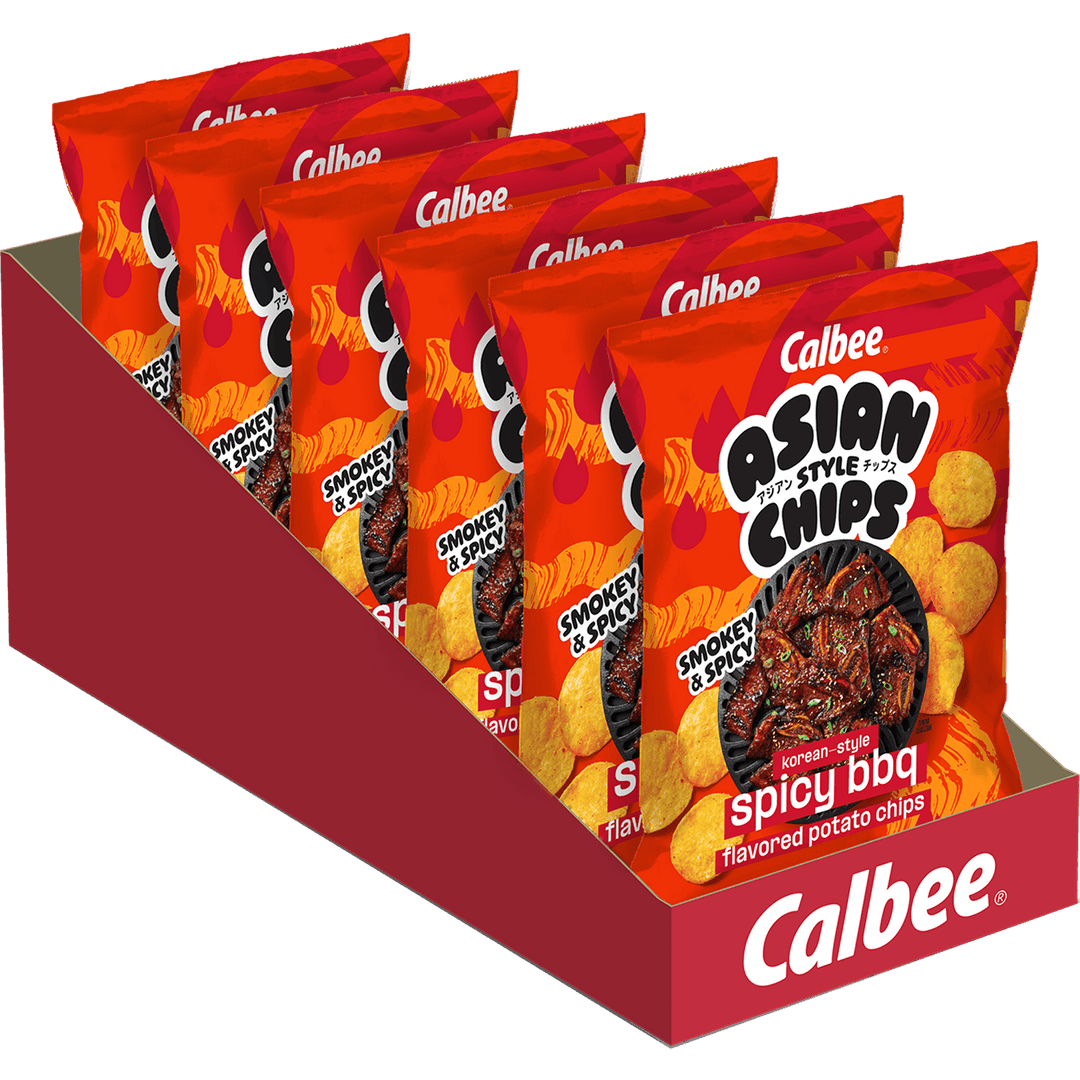 Calbee Asian Style Chips Korean-Style Spicy BBQ flavored potato chips retail display tray with multiple 2.3 oz bags