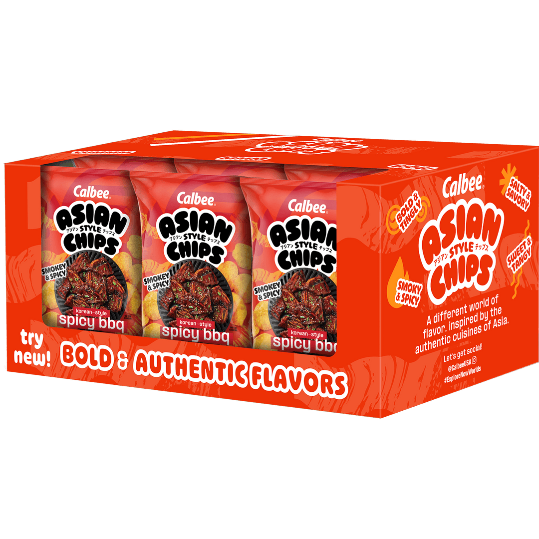 Calbee Asian Style Chips Korean-Style Spicy BBQ variety retail box featuring multiple snack bags and bold authentic flavors branding