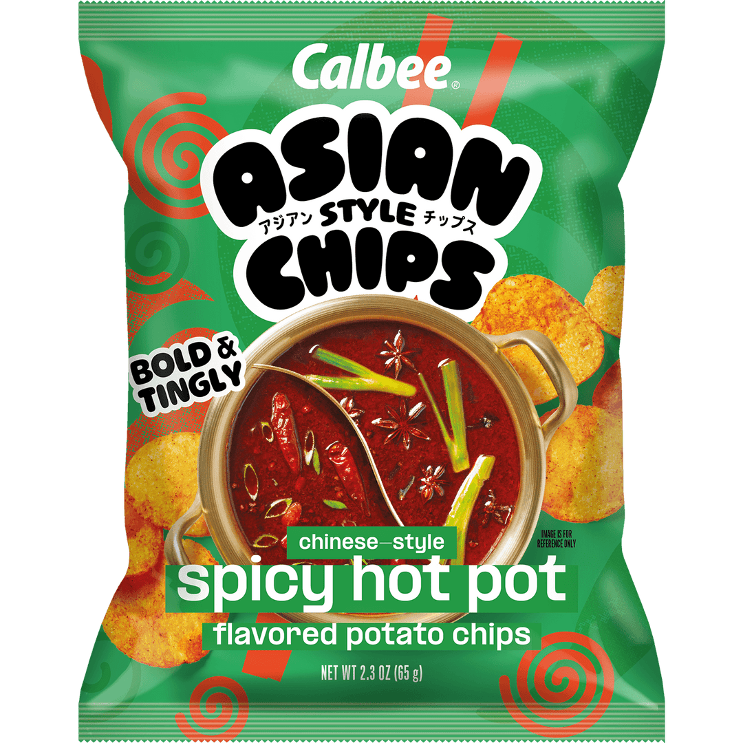 Calbee Asian Style Chips Chinese-Style Spicy Hot Pot flavored potato chips, 2.3 oz bag, front packaging