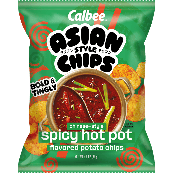 Calbee Asian Style Chips Chinese-Style Spicy Hot Pot flavored potato chips, 2.3 oz bag, front packaging