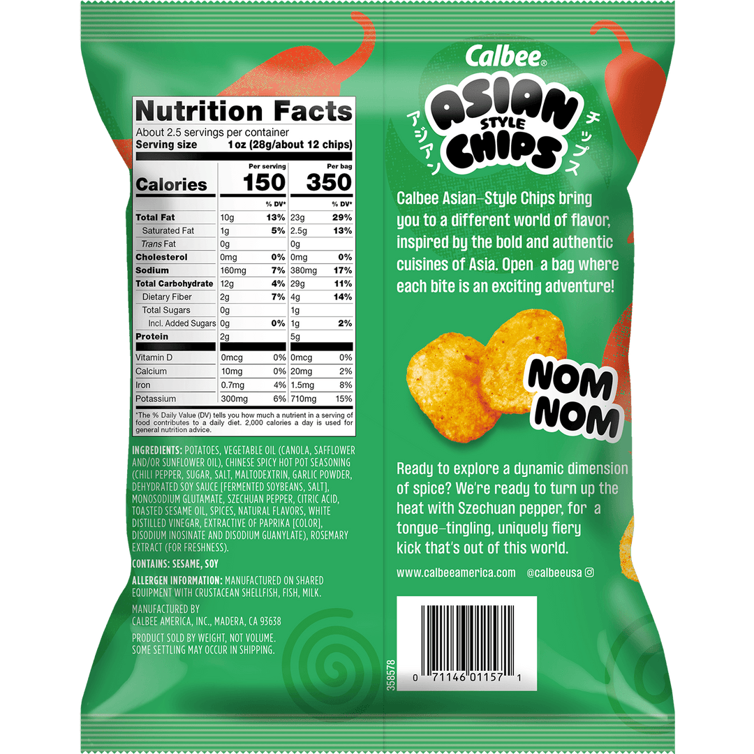 Calbee Asian Style Chips Chinese-Style Spicy Hot Pot flavored potato chips, 2.3 oz bag, back packaging with nutrition facts and product information