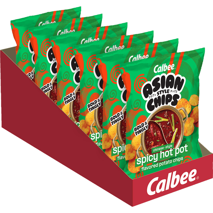 Calbee Asian Style Chips Chinese-Style Spicy Hot Pot flavored potato chips retail display tray with multiple 2.3 oz bags