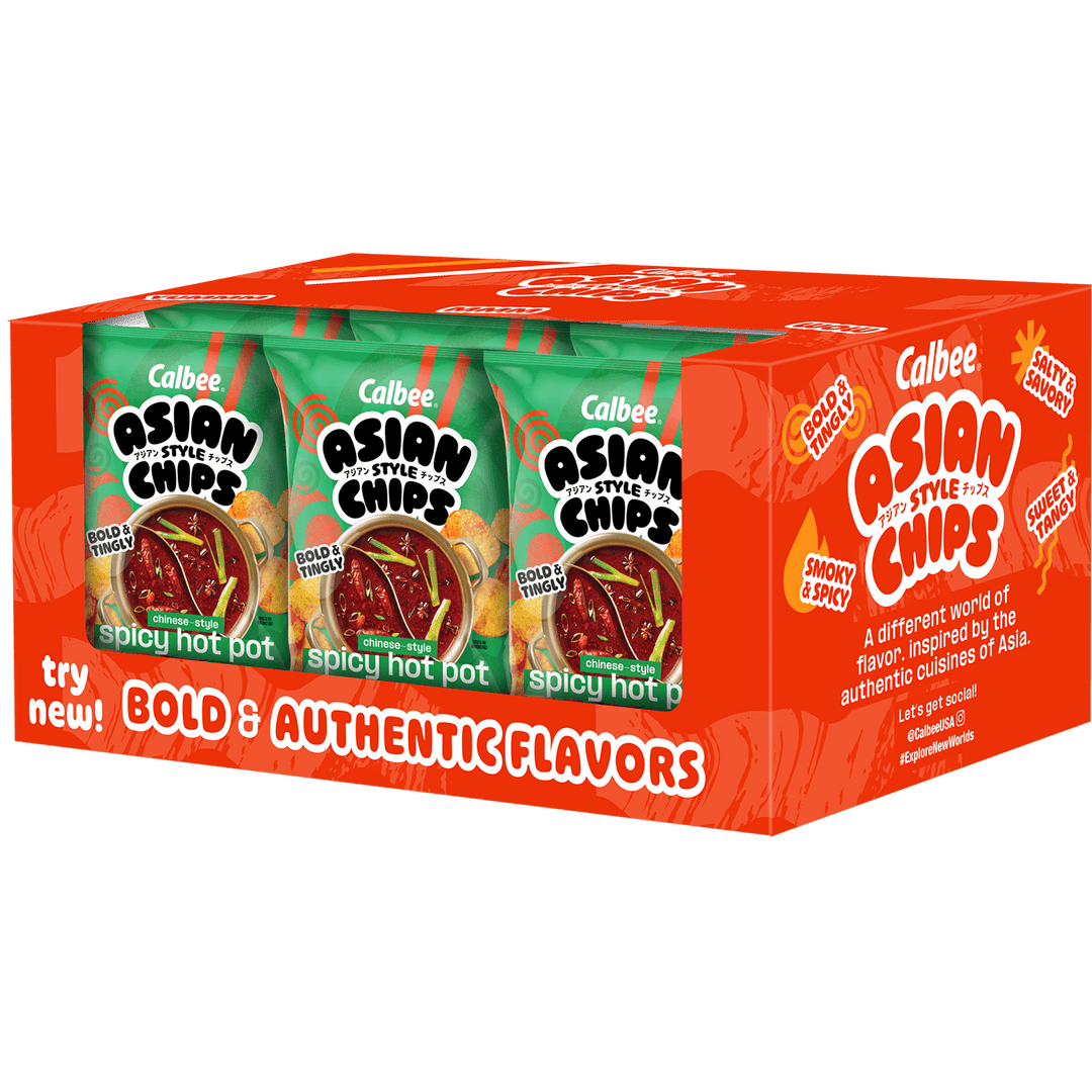 Calbee Asian Style Chips Chinese-Style Spicy Hot Pot variety retail box featuring multiple snack bags and bold authentic flavors branding