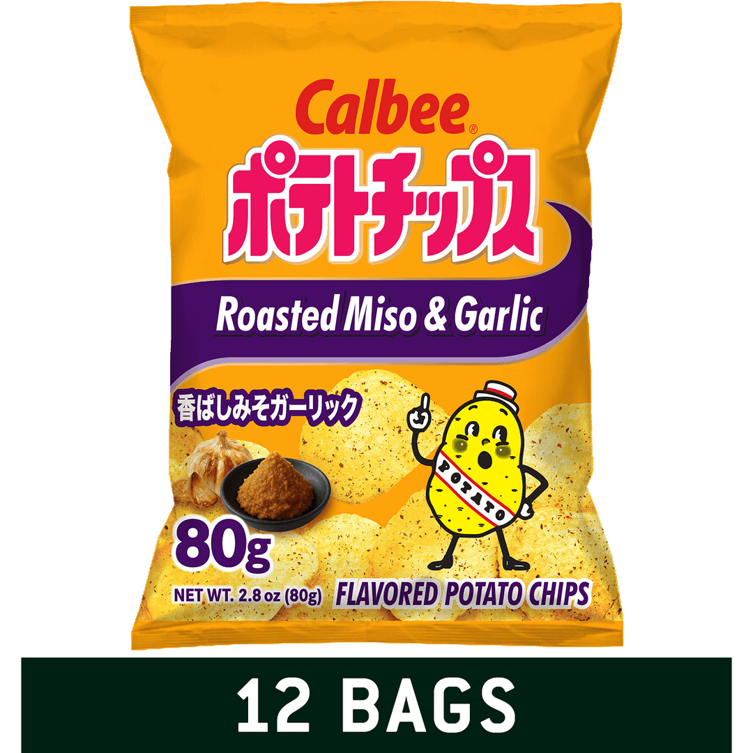 A bag of Calbee Roasted Miso & Garlic potato chips on a black background, with a dark green banner at the bottom reading '12 BAGS'. The bag is predominantly yellow-orange with purple and red text, and a cartoon potato character.