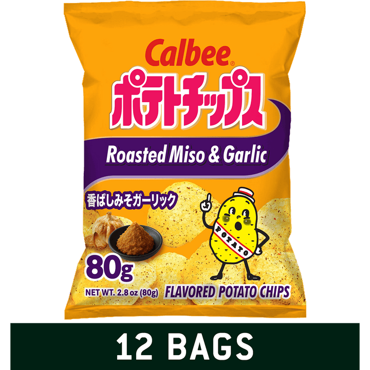 A bag of Calbee Roasted Miso & Garlic potato chips on a black background, with a dark green banner at the bottom reading '12 BAGS'. The bag is predominantly yellow-orange with purple and red text, and a cartoon potato character.