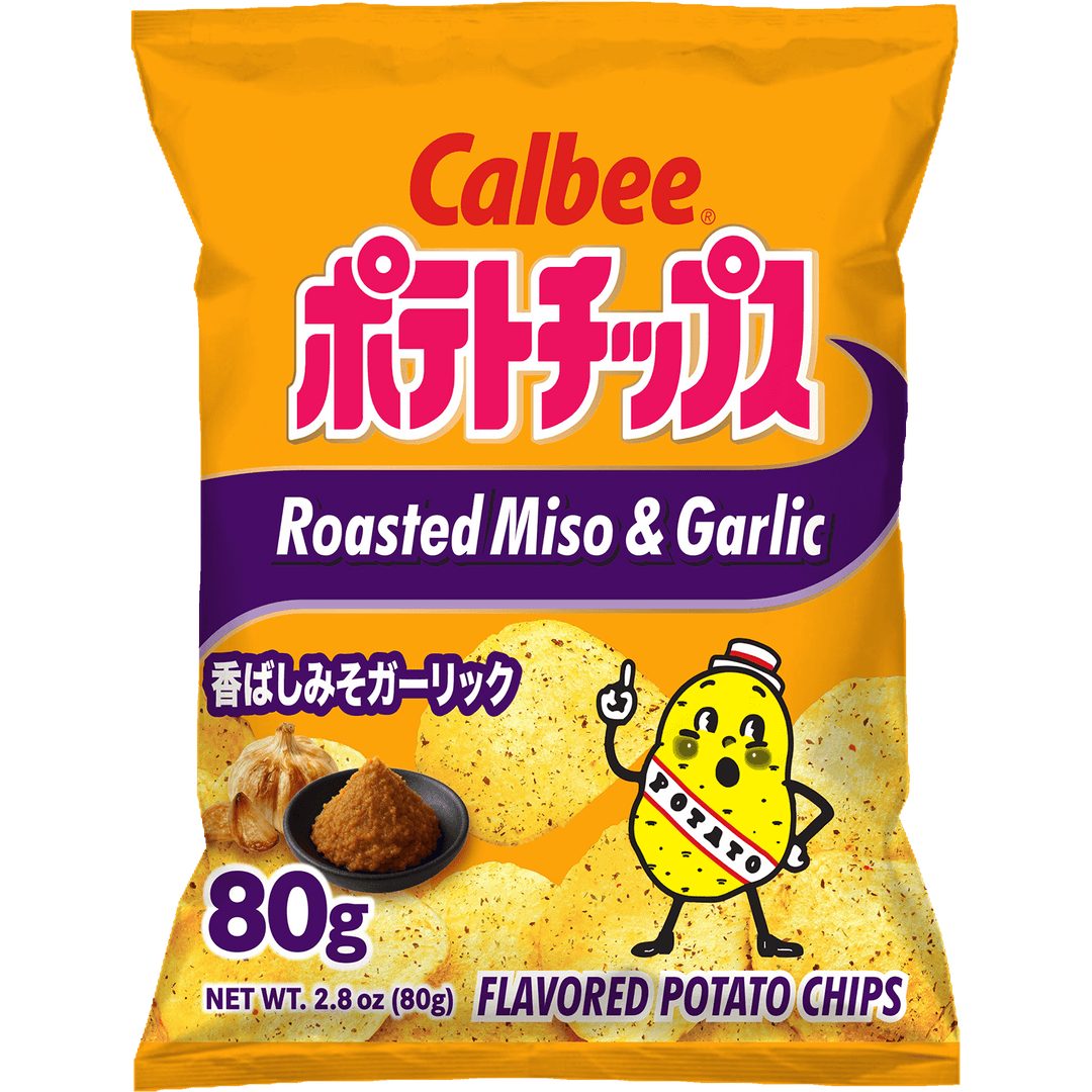 Bright yellow snack bag with "Calbee" logo and Japanese text. Features "Roasted Miso & Garlic" flavor, cartoon potato, and miso and garlic images. Energetic feel.