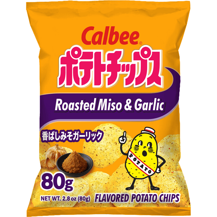 Bright yellow snack bag with "Calbee" logo and Japanese text. Features "Roasted Miso & Garlic" flavor, cartoon potato, and miso and garlic images. Energetic feel.