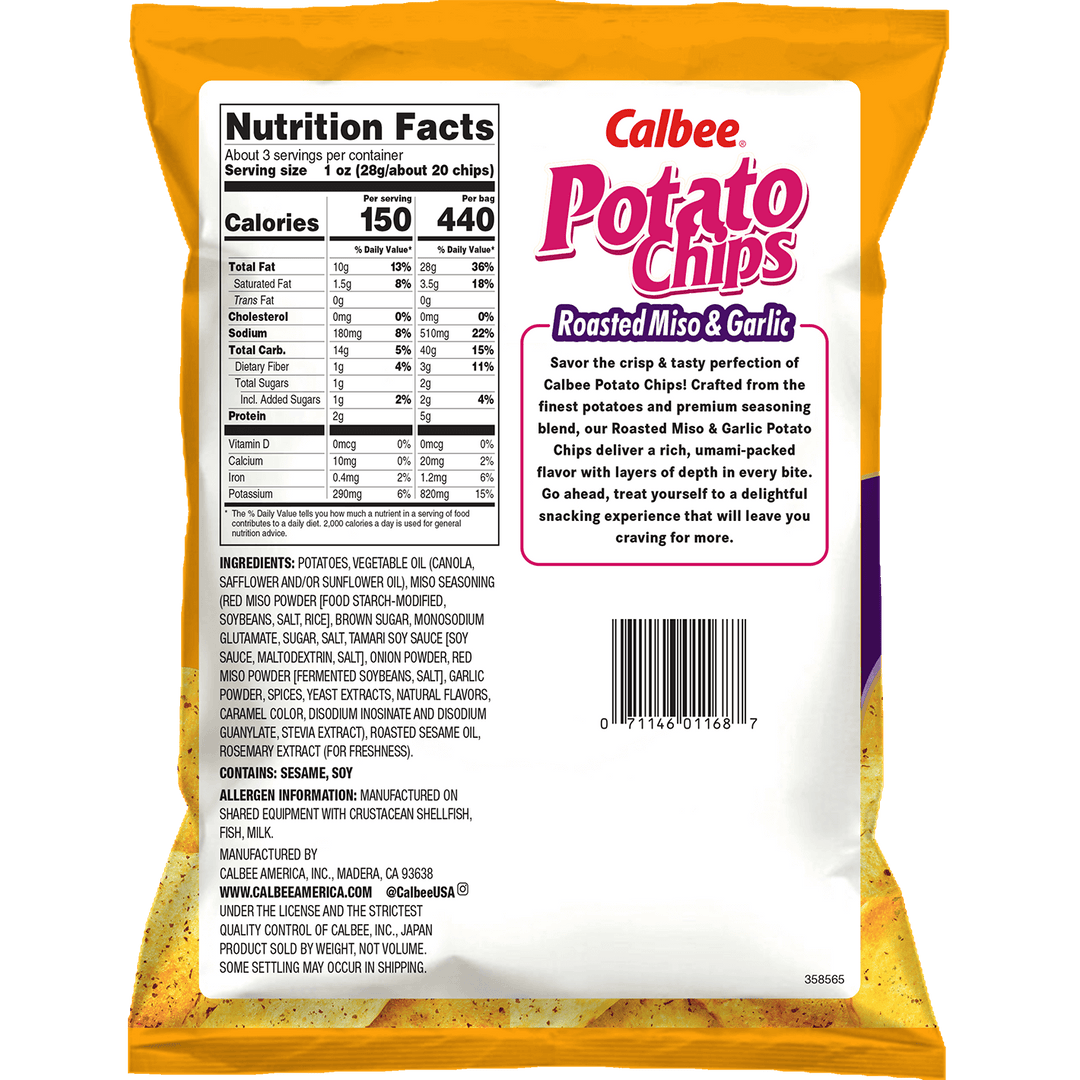 Back of a Calbee Potato Chips bag, flavor Roasted Miso & Garlic. Features nutrition facts, ingredient list, and description of the savory, umami flavor.