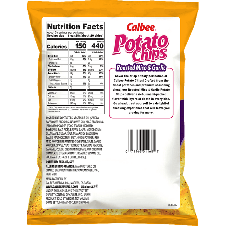 Back of a Calbee Potato Chips bag, flavor Roasted Miso & Garlic. Features nutrition facts, ingredient list, and description of the savory, umami flavor.