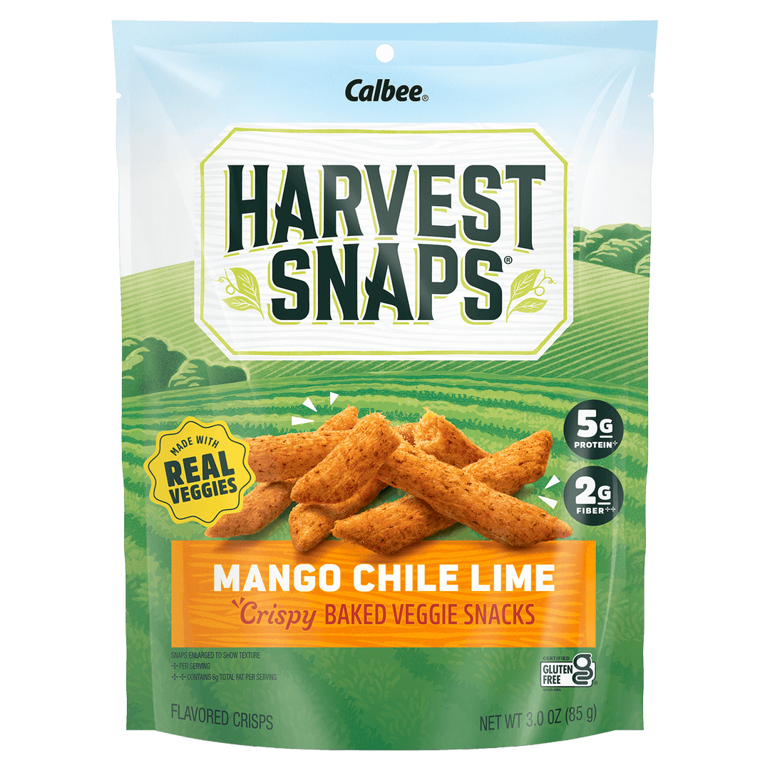 Calbee Harvest Snaps Mango Chile Lime (Red Lentil) 3 oz. snack packaging 