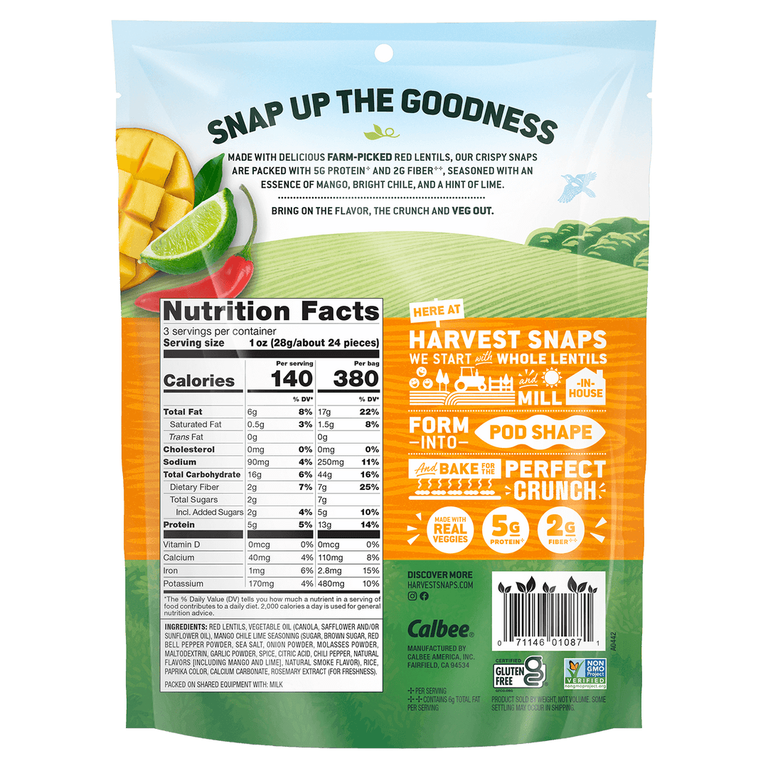 Calbee Harvest Snaps Mango Chile Lime (Red Lentil) 3 oz. snack packaging  with nutritional information and branding details.