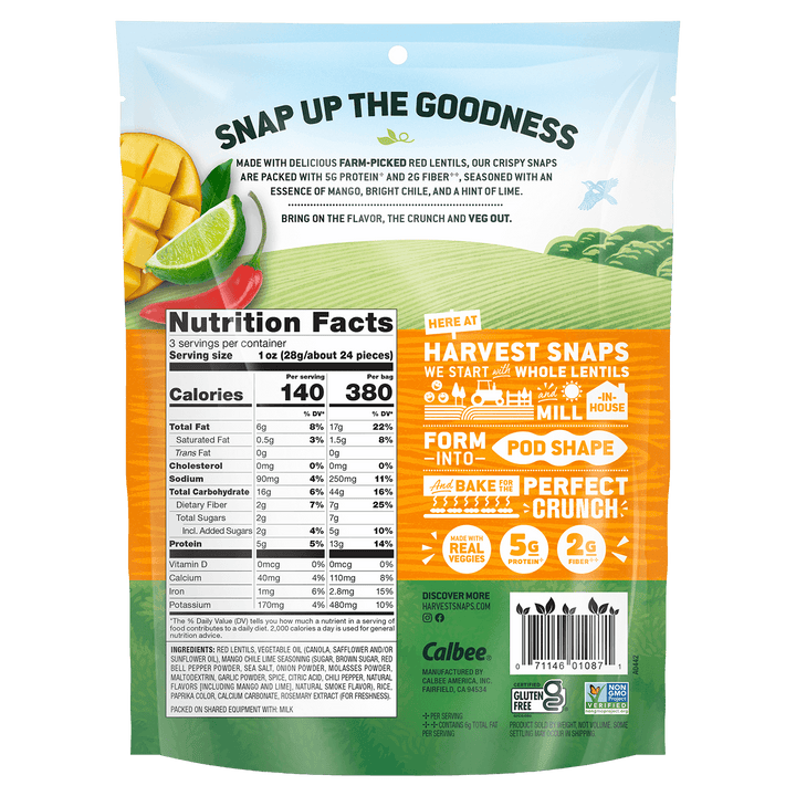 Calbee Harvest Snaps Mango Chile Lime (Red Lentil) 3 oz. snack packaging  with nutritional information and branding details.