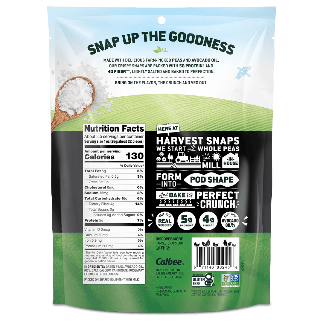 Back view of a Calbee Harvest Snaps snack bag, showing nutrition facts, ingredients, and product information.