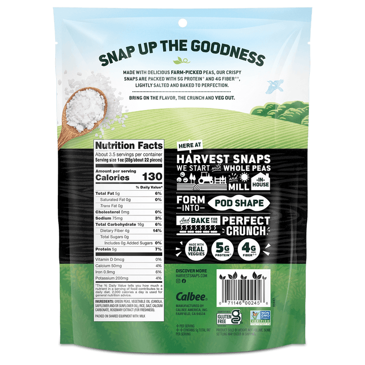 Back of a Harvest Snaps snack package. Features nutrition facts, illustrations of farm scenes, and text highlighting protein and fiber content. Bright, natural theme.