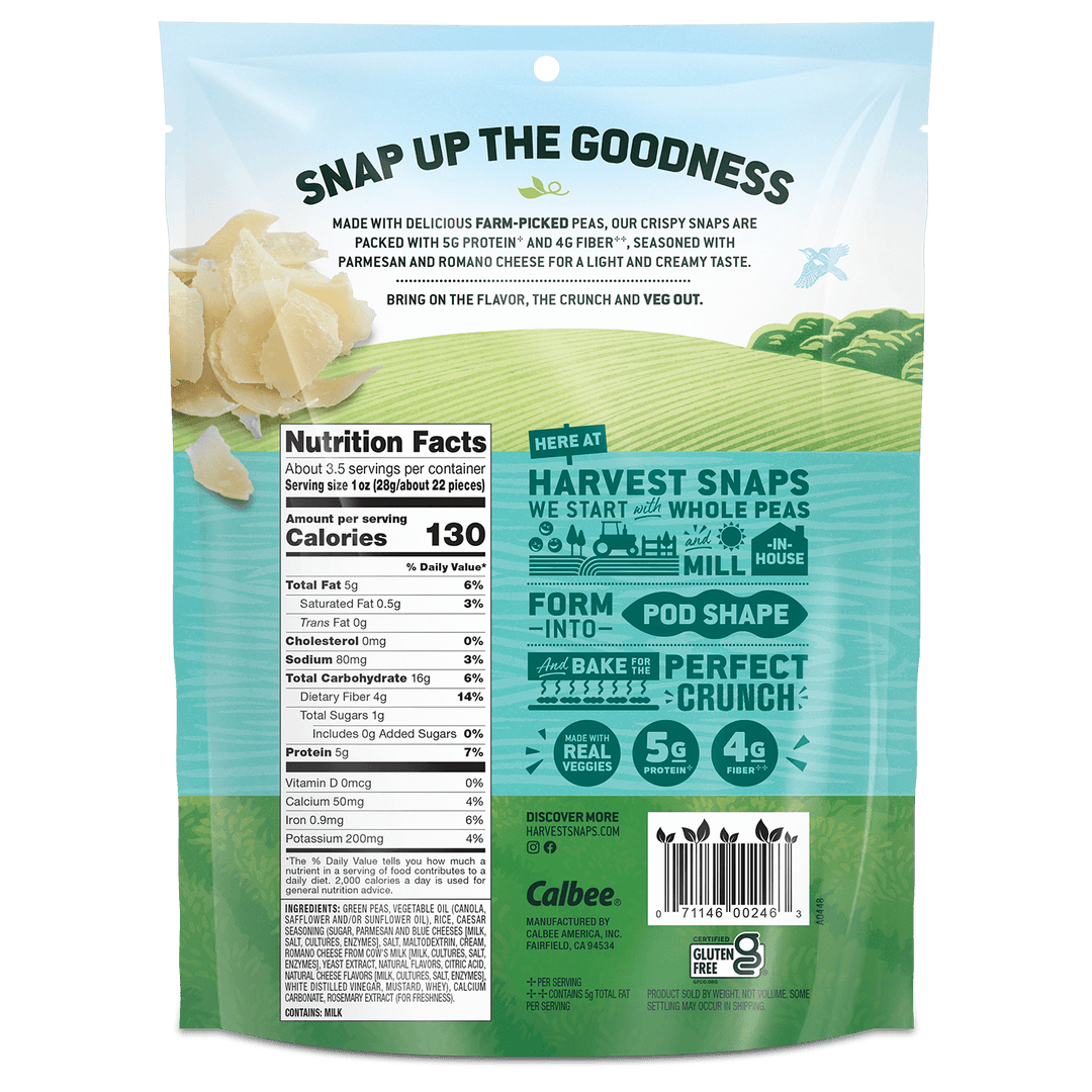Back of a snack bag featuring "Snap Up the Goodness" text, nutrition facts, and blue-green farm-themed graphics. Highlights protein, fiber, and real veggies.