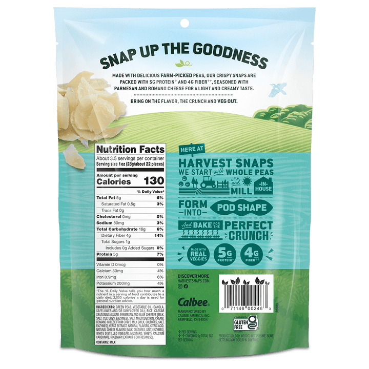 Back of a snack bag featuring "Snap Up the Goodness" text, nutrition facts, and blue-green farm-themed graphics. Highlights protein, fiber, and real veggies.