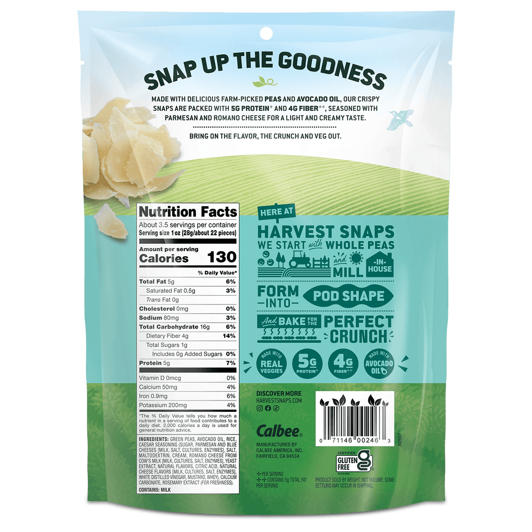 Back view of a Calbee Harvest Snaps snack bag, showing the nutrition facts panel, ingredients and branding.