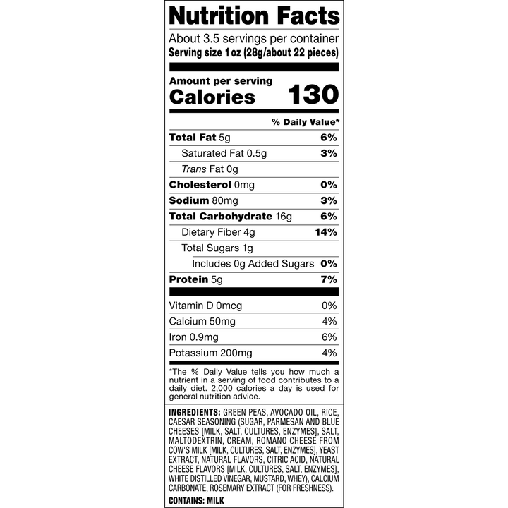 A Nutrition Facts label for a milk-based dish, showing 130 calories per serving with a detailed ingredient list at the bottom. The label is white with black text, and the ingredients include green peas, avocado oil rice, and various cheeses and vegetables.