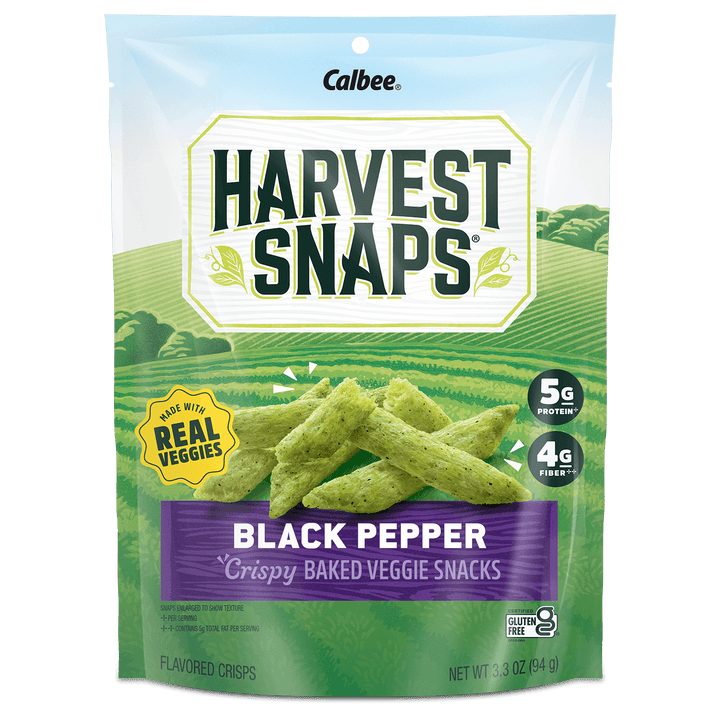 Pack of Harvest Snaps Black Pepper veggie snacks with green crisp images. The front highlights “Made with Real Veggies” and offers protein and fiber info.
