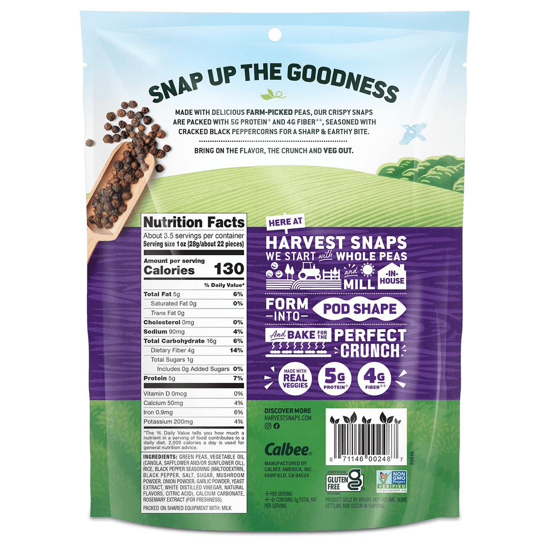 Back of a snack package with "Snap Up the Goodness" text. Includes nutritional facts, a picture of peppercorns, and information about pea-based ingredients. Bright and appealing design.
