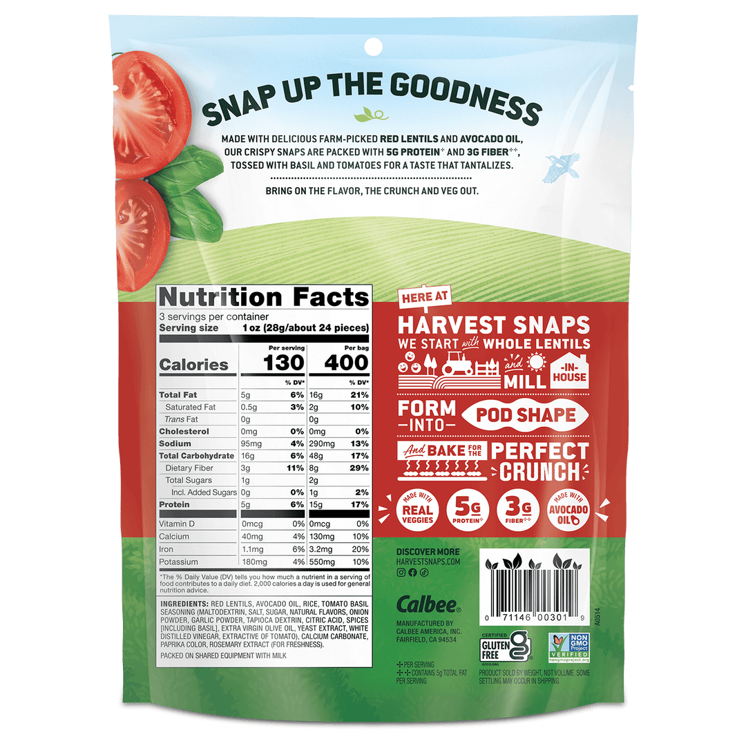 Back view of a Calbee Harvest Snaps whole lentils bag, showing nutrition facts, ingredients, and promotional text on a white and green background.