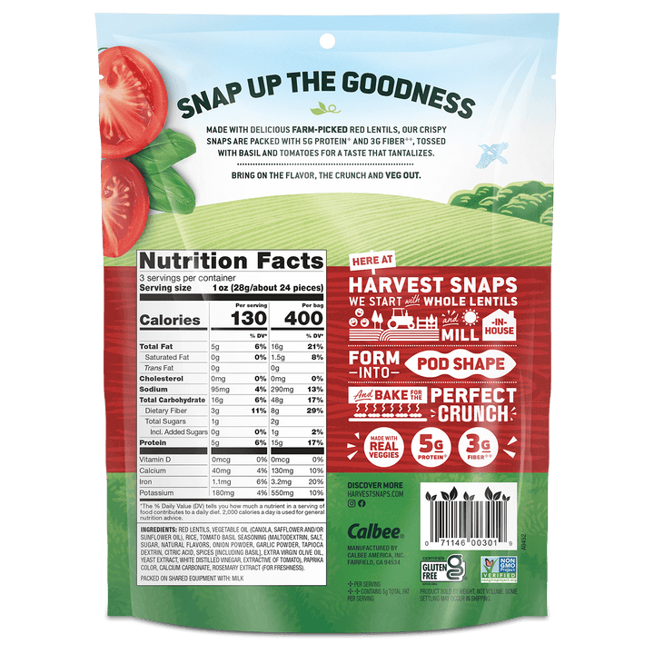 Packaged food product with "Snap Up the Goodness" text. Includes nutrition facts, ingredients, and benefits. Tomato and basil visuals. Bright and healthy theme.