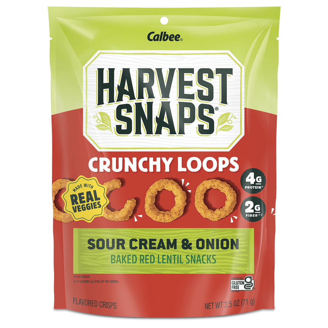 Packaging of Harvest Snaps Crunchy Loops Sour Cream & Onion flavor, with images of loops, real veggies label, 4g protein, 2g fiber, gluten-free.