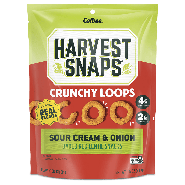 Packaging of Harvest Snaps Crunchy Loops Sour Cream & Onion flavor, with images of loops, real veggies label, 4g protein, 2g fiber, gluten-free.
