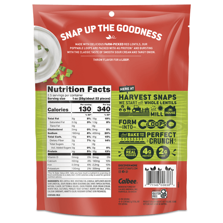 Back of a snack package titled "Snap Up the Goodness." Features nutrition facts and ingredients on the left, and product details with sour cream image on the right. Emphasis on whole lentils, protein, fiber, and gluten-free benefits.