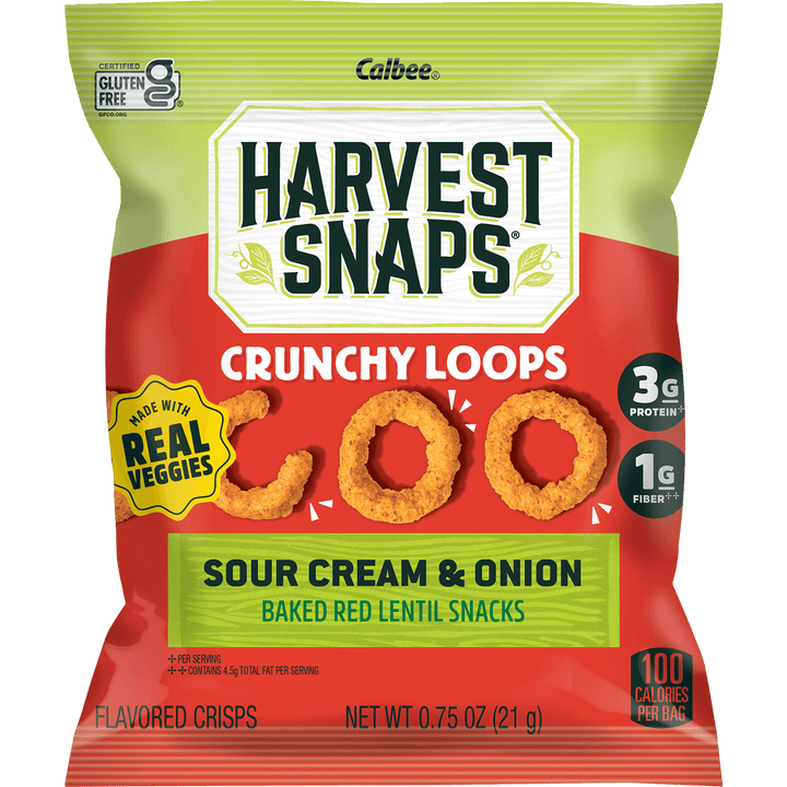 Packaging of Harvest Snaps Crunchy Loops, featuring sour cream and onion flavor. Highlights include gluten-free, 3g protein, and made with real veggies.