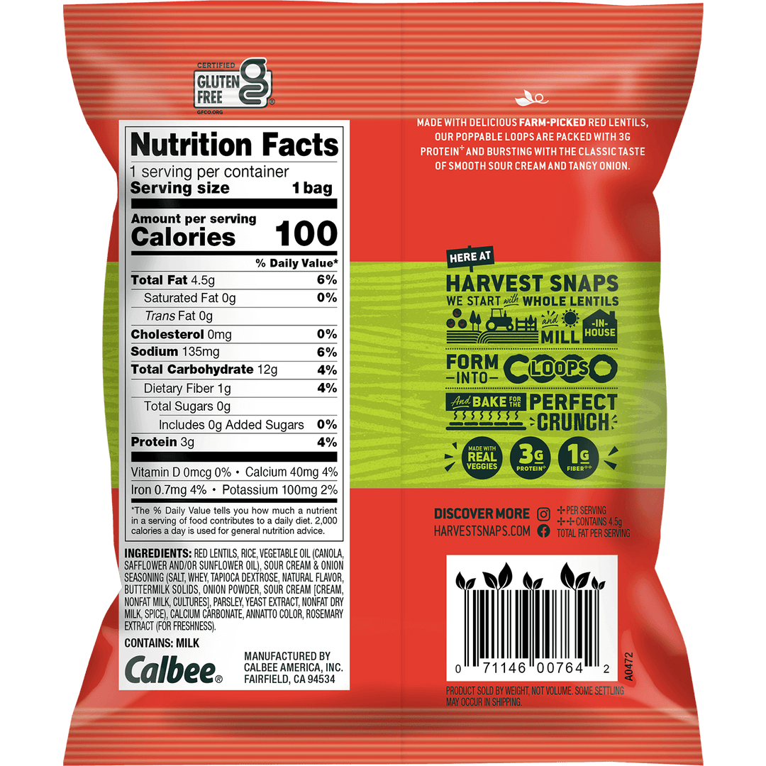 Red and green Harvest Snaps snack bag featuring the nutrition facts and ingredients on the left. The brand highlights whole lentils, 3g protein, and gluten-free attributes. Bold text and icons emphasize healthy benefits and flavor.