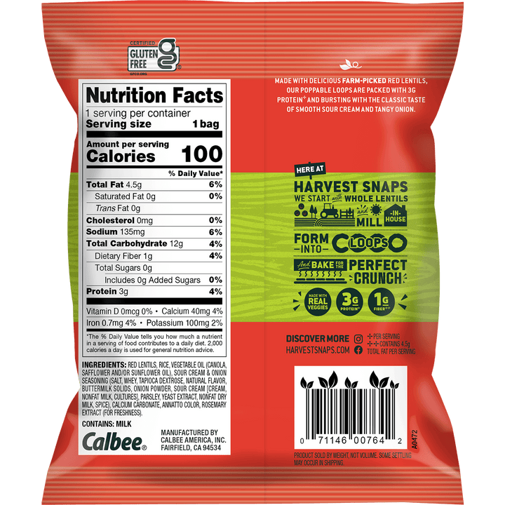 Red and green Harvest Snaps snack bag featuring the nutrition facts and ingredients on the left. The brand highlights whole lentils, 3g protein, and gluten-free attributes. Bold text and icons emphasize healthy benefits and flavor.