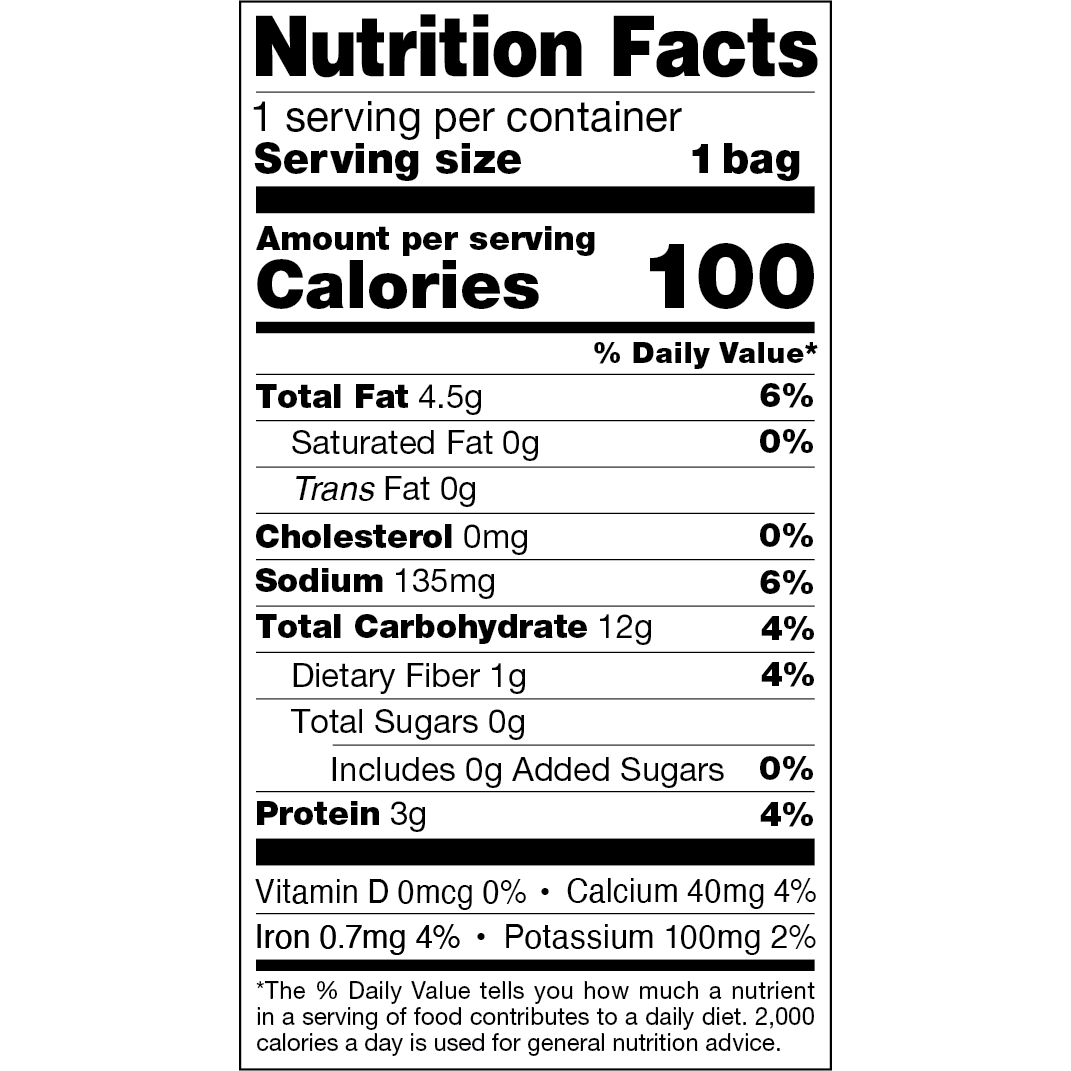 Nutrition Facts label showing 100 calories per serving, with 4.5g total fat, 135mg sodium, 12g carbohydrate, 3g protein, and 0g added sugars.